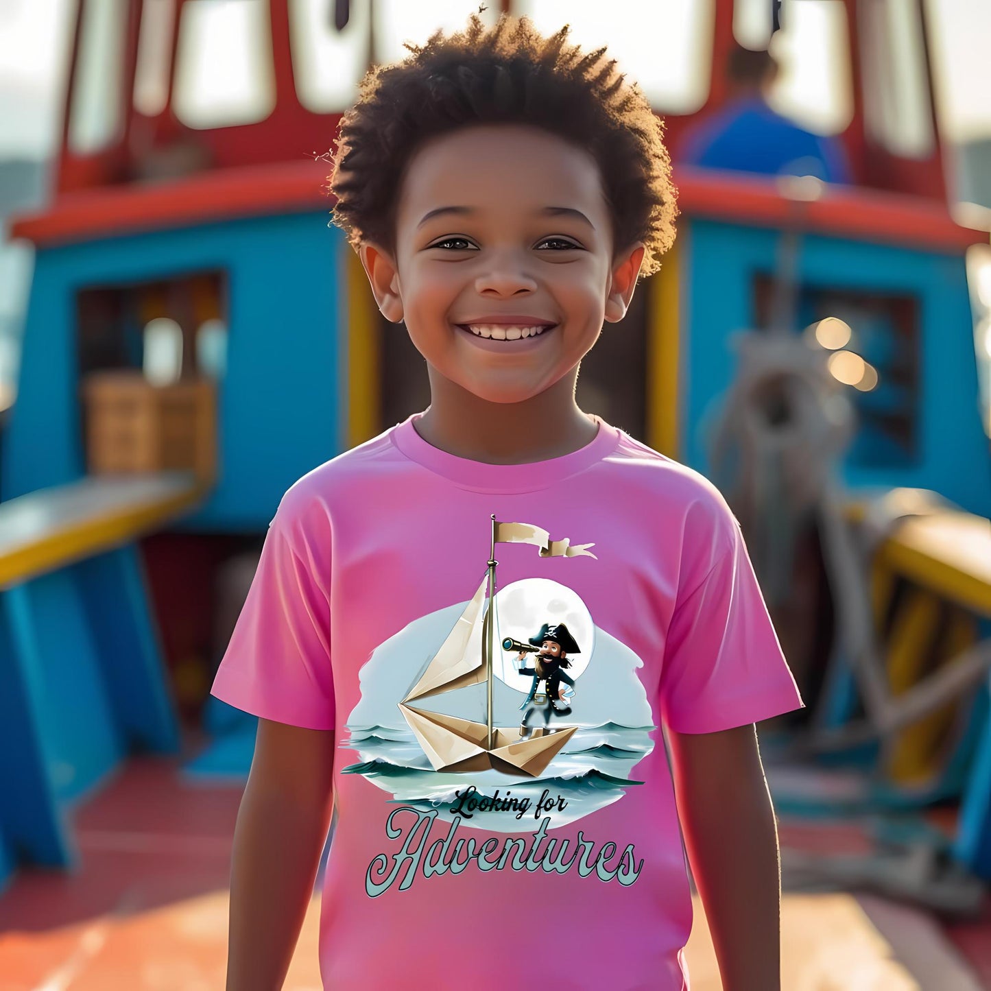 Child wearing an azalea crew neck t-shirt with a pirate on a paper folded sailboat design and 'Looking for Adventure' text.