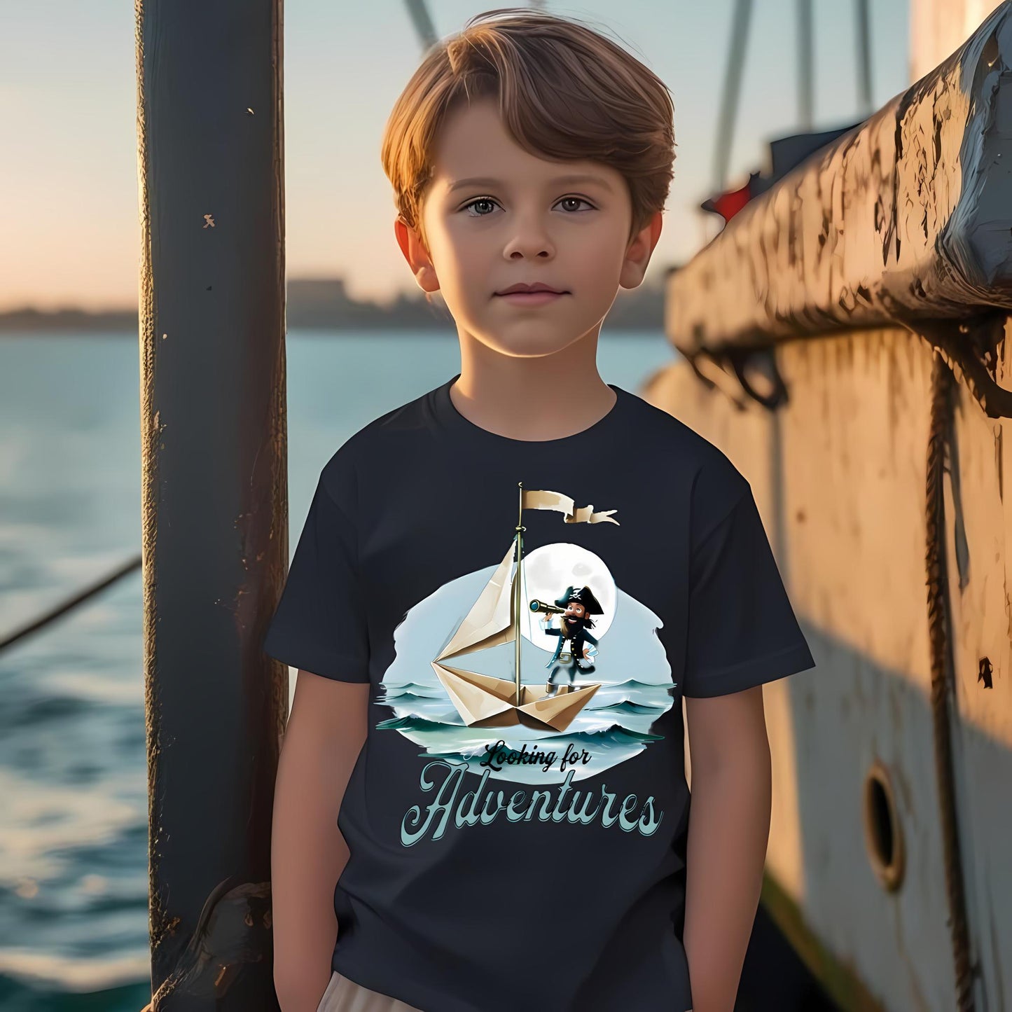 Child wearing a black crew neck t-shirt with a pirate on a paper folded sailboat design and 'Looking for Adventure' text.