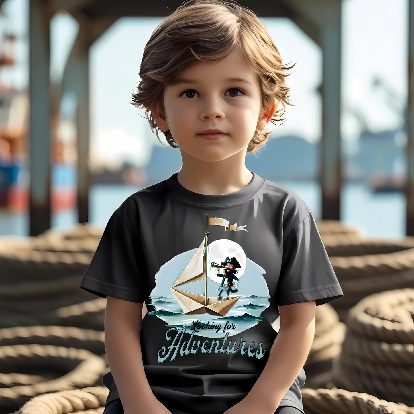 Child wearing a charcoal crew neck t-shirt with a pirate on a paper folded sailboat design and 'Looking for Adventure' text.