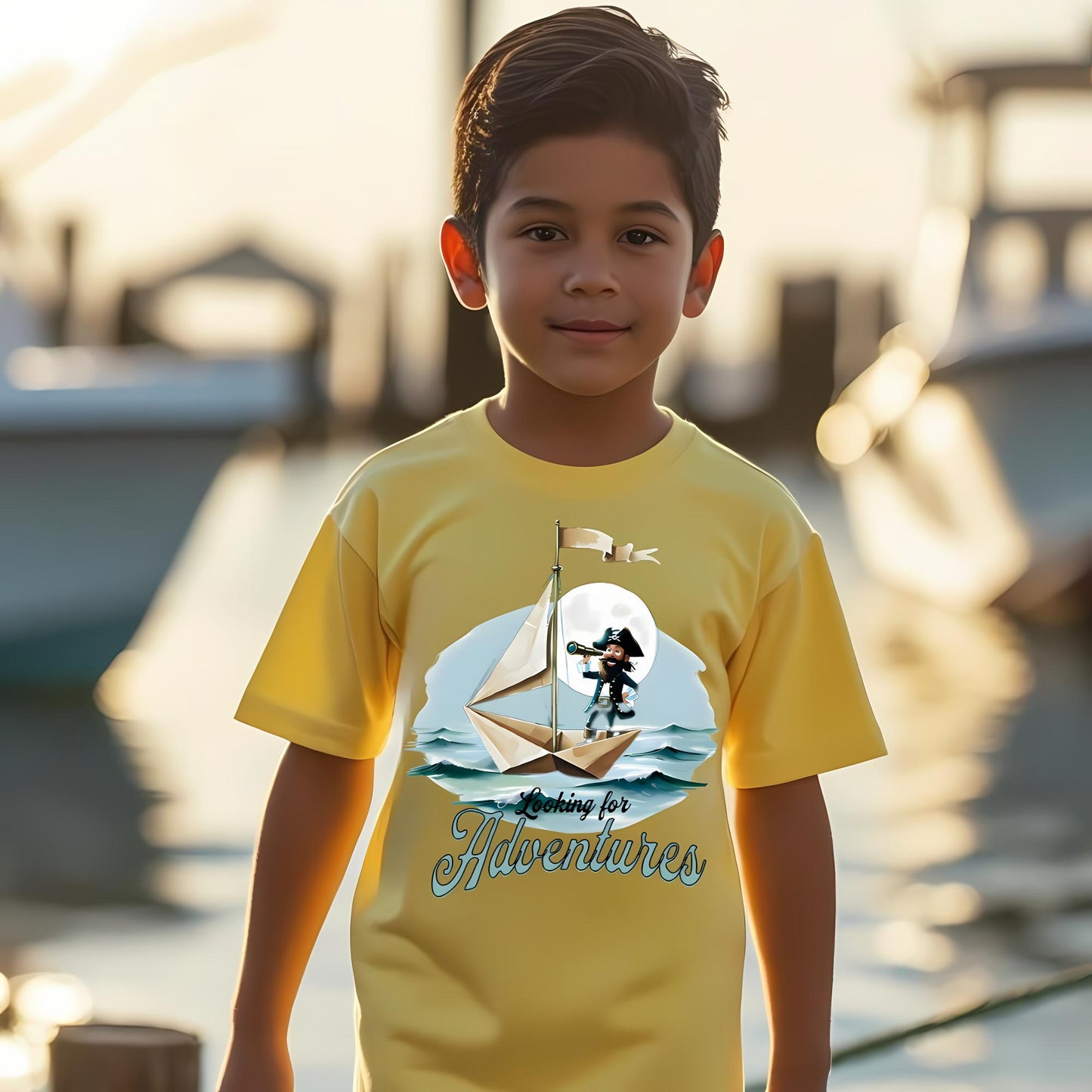 Child wearing a yellow crew neck t-shirt with a pirate on a paper folded sailboat design and 'Looking for Adventure' text.