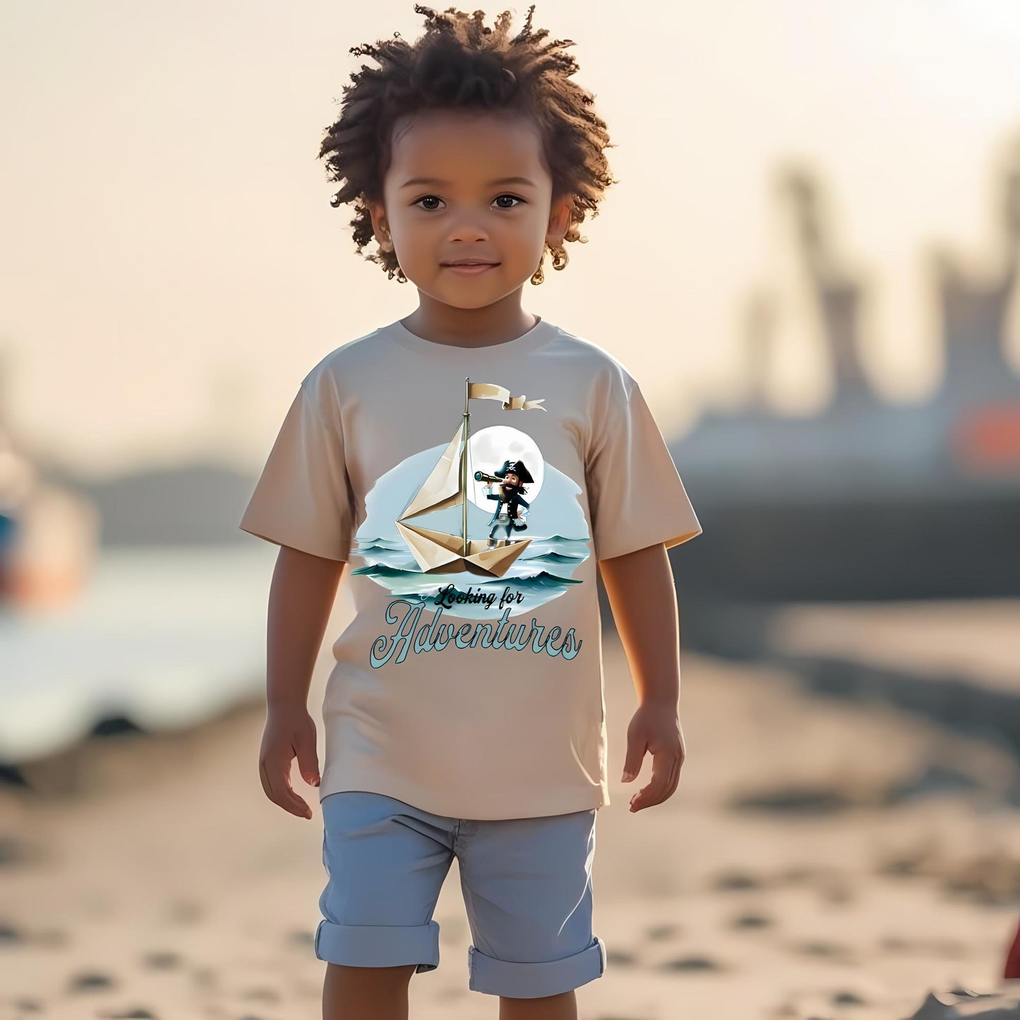 Child wearing a beige crew neck t-shirt with a pirate on a paper folded sailboat design and 'Looking for Adventure' text.
