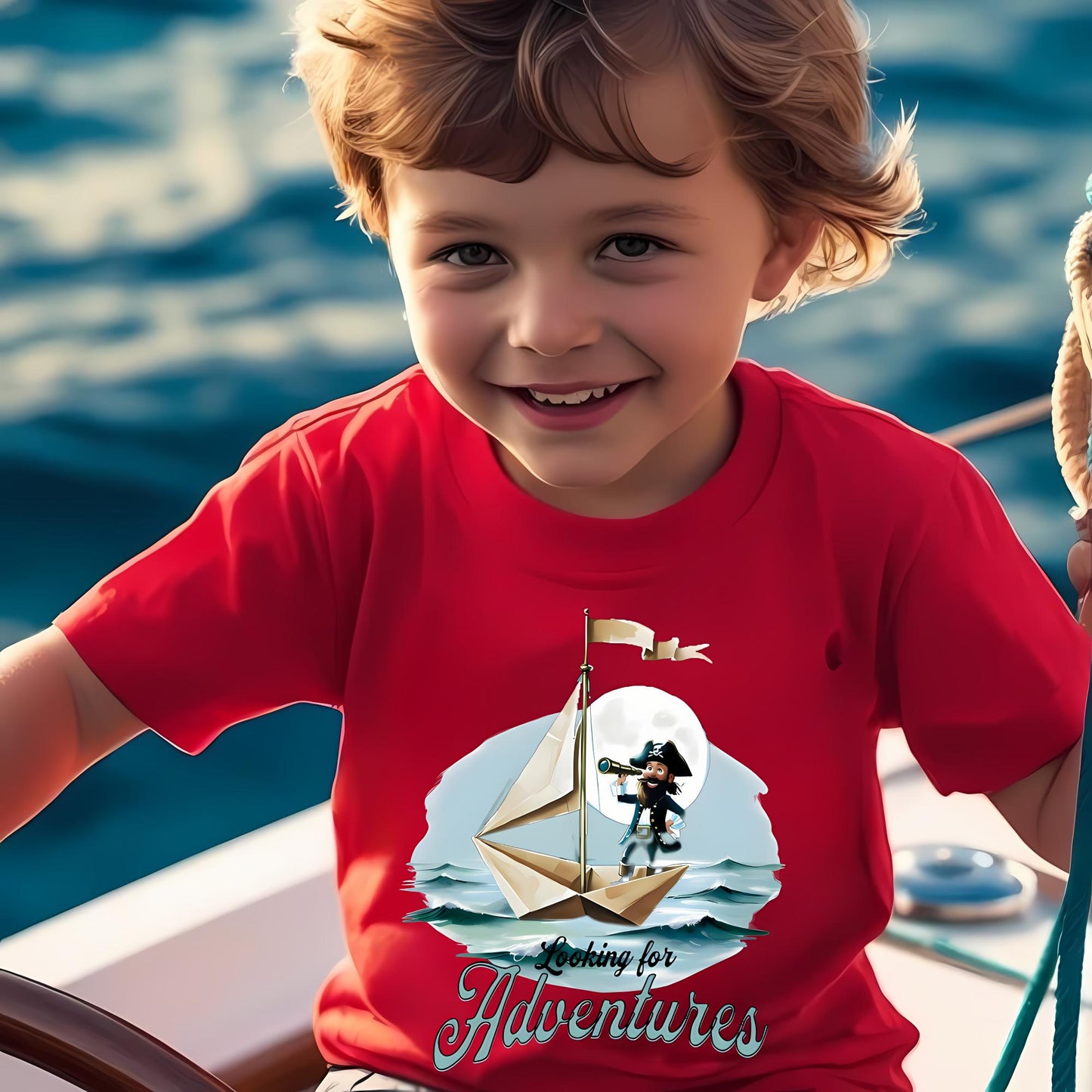 Child wearing a red crew neck t-shirt with a pirate on a paper folded sailboat design and 'Looking for Adventure' text.