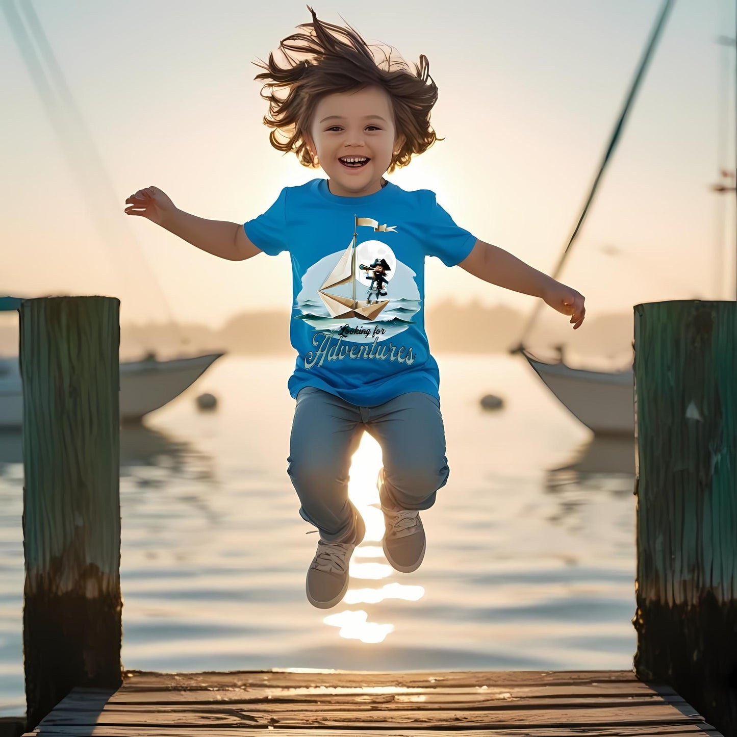 Child wearing a blue crew neck t-shirt with a pirate on a paper folded sailboat design and 'Looking for Adventure' text.