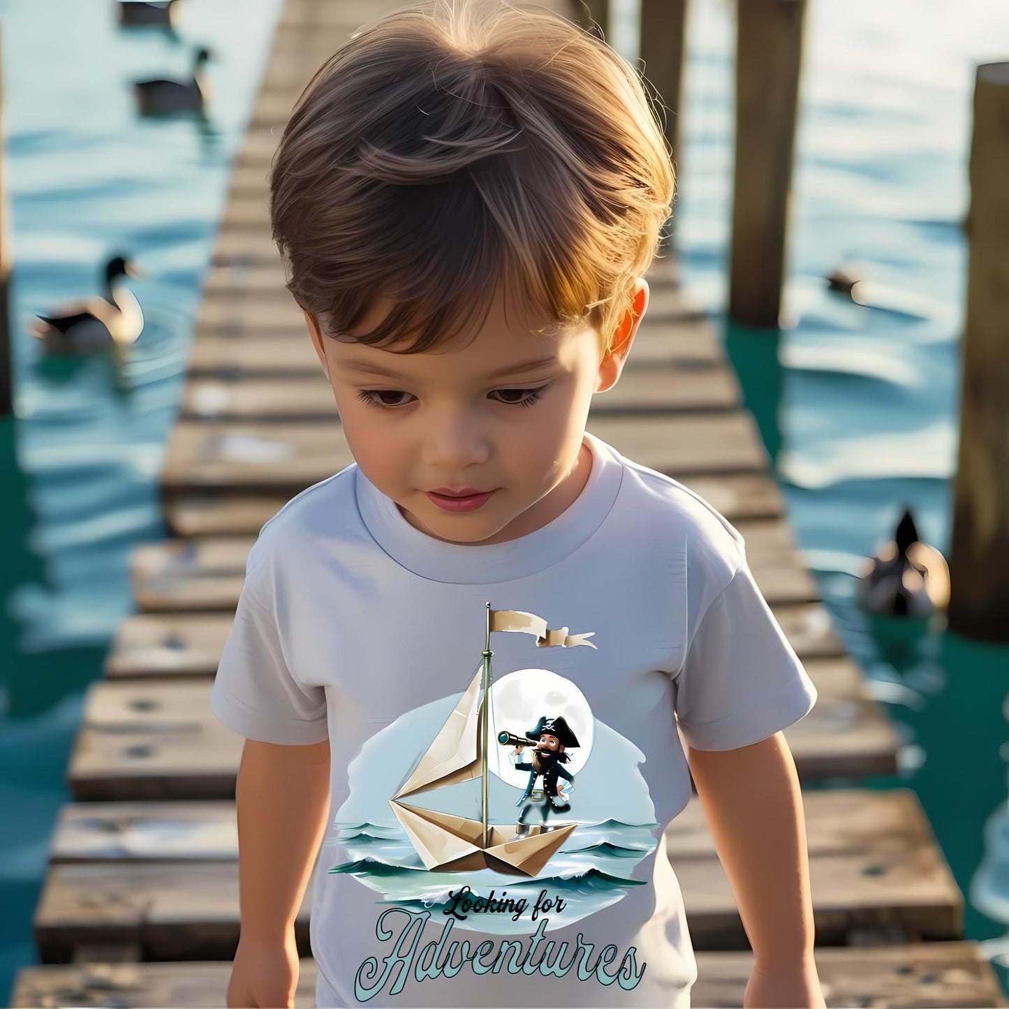 Child wearing a sport grey crew neck t-shirt with a pirate on a paper folded sailboat design and 'Looking for Adventure' text.