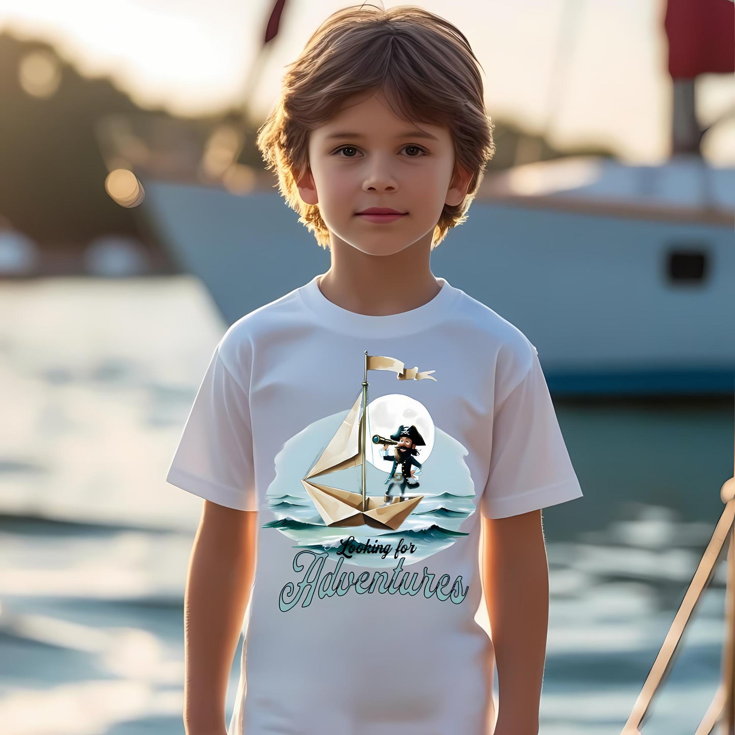 Child wearing a white crew neck t-shirt with a pirate on a paper folded sailboat design and 'Looking for Adventure' text.