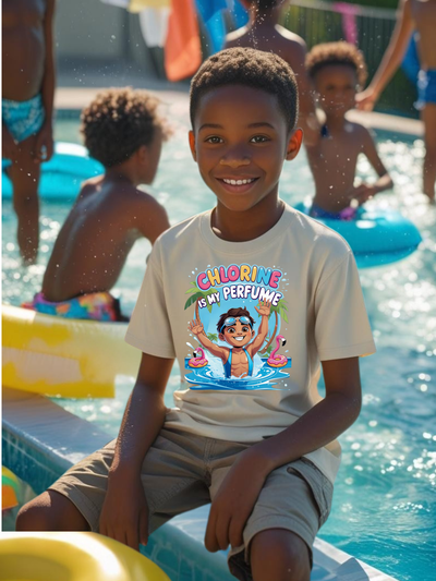 Funny Summer Graphic Swim T-Shirt – “Chlorine Is My Perfume” Shirt for Kids