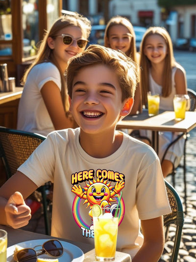 Fun & Bright Graphic Kids’ Summer T-Shirt – “Here Comes the Sun”