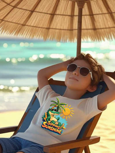 Fun Animal Graphic Summer t shirt Kids | Crocodile sipping Sunshine