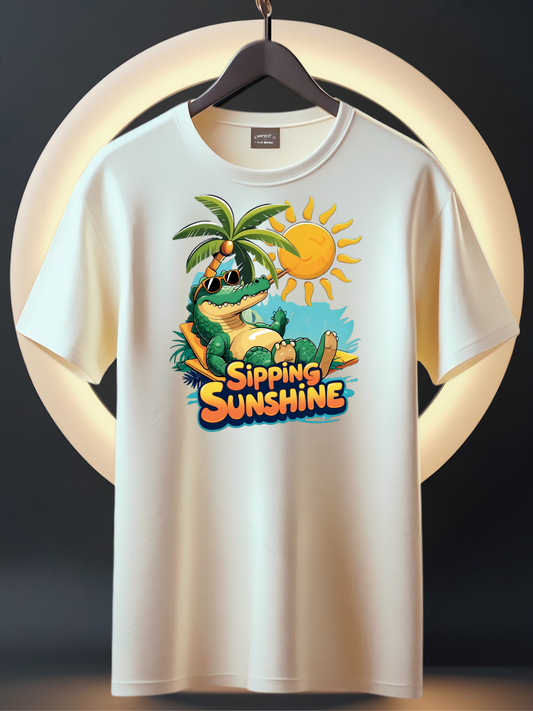 Kids’ “Sipping Sunshine” Summer T-Shirt – Fun Crocodile Drinking Sun Graphic Tee