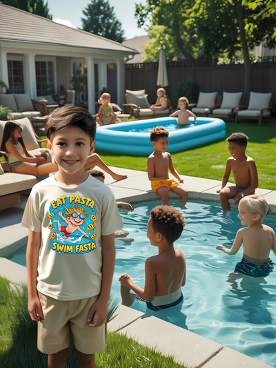 Funny Graphic Summer Swim T Shirt Boy's | Eat Pasta – Swim Fasta