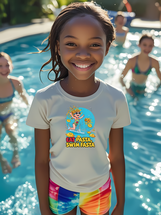 Fun Swimmer Graphic Girls’ Summer T-Shirt | Eat Pasta – Swim Fasta