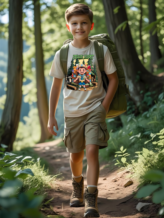 Child hiking in a forest wearing a crew neck 'Snack Scout' graphic t-shirt and backpack