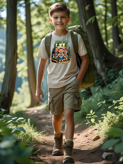 Child hiking in a forest wearing a t-shirt with a funny Snack Scout design and a backpack.